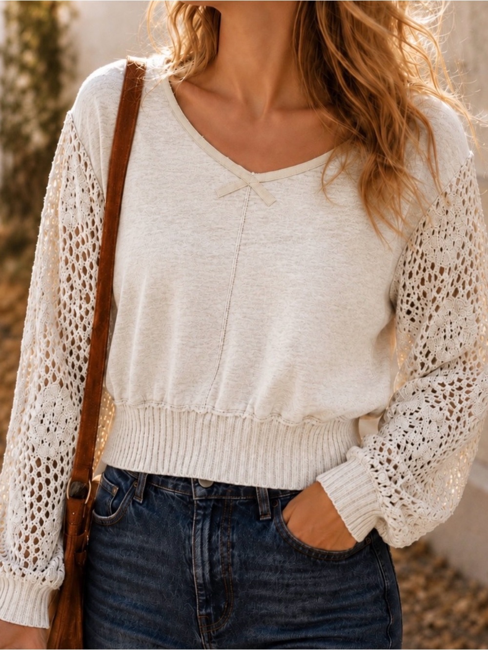 Free People Cream V-Neck Sweatshirt Crochet Lace Long Balloon Sleeves Size Small - Picture 1 of 16